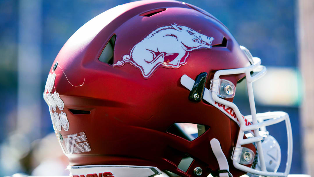Nov 11, 2017; Baton Rouge, LA, USA; Arkansas Razorbacks helmet during a timeout against LSU Tigers in the first quarter at Tiger Stadium. Mandatory Credit: Stephen Lew-USA TODAY Sports