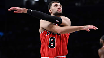 Chicago Bulls guard Zach LaVine (8) looks on during the first quarter against the Brooklyn Nets at Barclays Center.