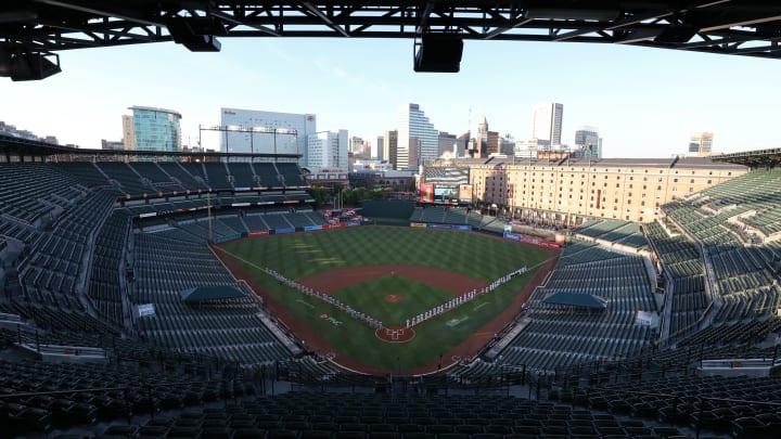 July 29, 2020; Baltimore, Maryland, USA;  A general view of the Baltimore Orioles and the New York Yankees along the baselines during the National Anthem in an empty stadium at Oriole Park at Camden Yards. Mandatory Credit: Todd Olszewski/Orioles Baseball/Pool Photo via USA TODAY Network