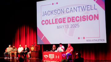 Nixa High School offensive tackle Jackson Cantwell, the No. 1 ranked high school football recruit for the class of 2026, announced he will play football at Miami during a ceremony on Tuesday, May 13, 2025.