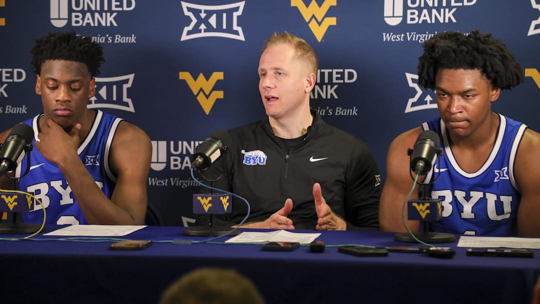 Feb 28, 2026; Morgantown, West Virginia, USA; BYU Cougars head coach Kevin Young answers questions from the media after being defeated by the West Virginia Mountaineers at Hope Coliseum. Mandatory Credit: Ben Queen-Imagn Images