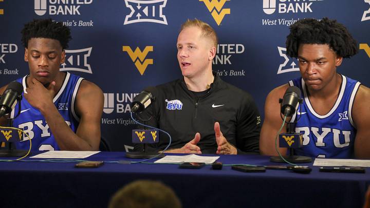 Feb 28, 2026; Morgantown, West Virginia, USA; BYU Cougars head coach Kevin Young answers questions from the media after being defeated by the West Virginia Mountaineers at Hope Coliseum. Mandatory Credit: Ben Queen-Imagn Images