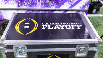 Jan 1, 2024; New Orleans, LA, USA; A general view of the College Football Playoff logo on a case on