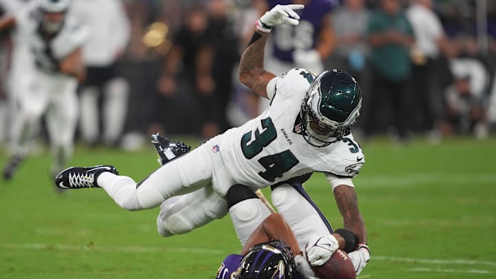 Aug 9, 2024; Baltimore, Maryland, USA; Baltimore Ravens wide receiver Keith Kirkwood (87) tackled after his second quarter catch by Philadelphia Eagles cornerback Isaiah Rodgers (34) at M&T Bank Stadium. Aug 9, 2024; Baltimore, Maryland, USA; Baltimore Ravens wide receiver Keith Kirkwood (87) tackled after his second quarter catch by Philadelphia Eagles cornerback Isaiah Rodgers (34) at M&T Bank Stadium.