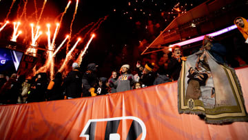 Cincinnati Bengals fans cheer as fireworks go off during the Super Bowl LVI Opening Night Fan Rally,