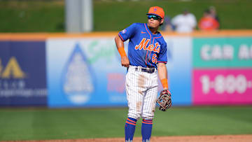 Mar 15, 2024; Port St. Lucie, Florida, USA; New York Mets second baseman Marco Vargas (66) participates in the Spring Breakout game against the Washington Nationals at Clover Park. Mandatory Credit: Jim Rassol-Imagn Images