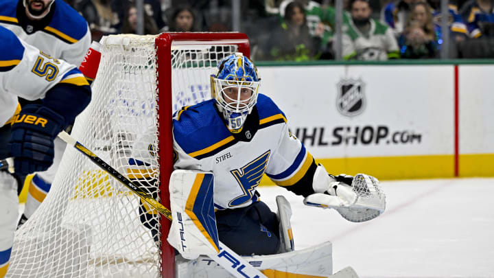 Apr 17, 2024; Dallas, Texas, USA; St. Louis Blues goaltender Jordan Binnington (50) faces the Dallas Stars attack during the overtime period at the American Airlines Center. Mandatory Credit: Jerome Miron-USA TODAY Sports