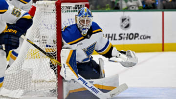 Apr 17, 2024; Dallas, Texas, USA; St. Louis Blues goaltender Jordan Binnington (50) faces the Dallas Stars attack during the overtime period at the American Airlines Center. Mandatory Credit: Jerome Miron-USA TODAY Sports