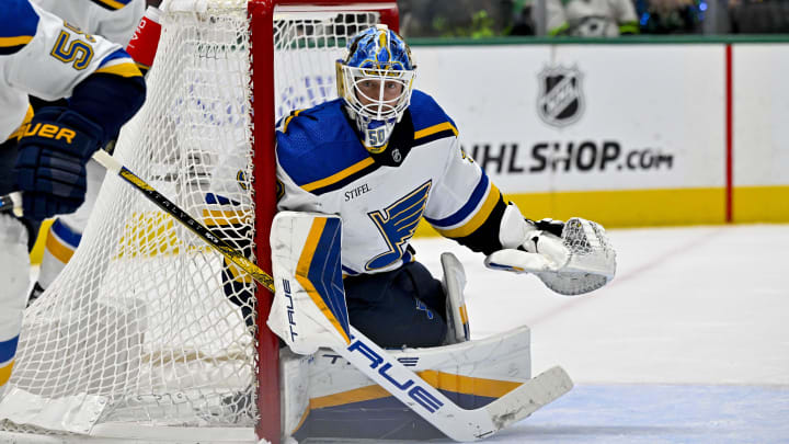 Apr 17, 2024; Dallas, Texas, USA; St. Louis Blues goaltender Jordan Binnington (50) faces the Dallas Stars attack during the overtime period at the American Airlines Center. Mandatory Credit: Jerome Miron-USA TODAY Sports