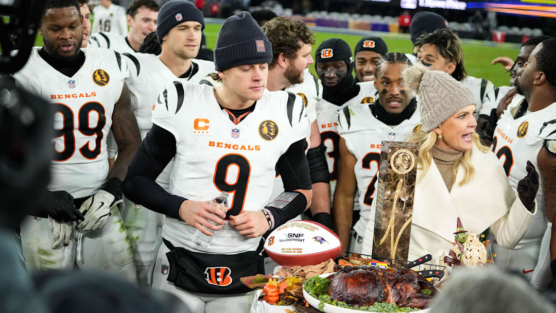 The Bengals celebrate their victory after their game against the Ravens at M&T Bank Stadium on Thanksgiving Thursday November 27, 2025. The Bengals won the game with a final score of 33-14.