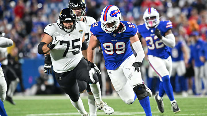 Sep 23, 2024; Orchard Park, New York, USA; Buffalo Bills defensive end Casey Toohill (99) recovers a fumble by the Jacksonville Jaguars in the fourth quarter at Highmark Stadium. Sep 23, 2024; Orchard Park, New York, USA; Buffalo Bills defensive end Casey Toohill (99) recovers a fumble by the Jacksonville Jaguars in the fourth quarter at Highmark Stadium.