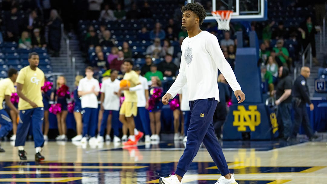 Feb 14, 2026; South Bend, Indiana, USA; Notre Dame Fighting Irish forward Jalen Haralson (10) watches during warmups before facing Georgia Tech Yellow Jackets.