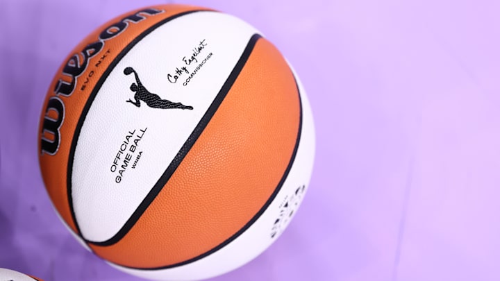 A WNBA game ball before the game between the Golden State Valkyries and Connecticut Sun at Chase Center. 