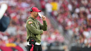 Nov 16, 2025; Glendale, Arizona, USA; Arizona Cardinals head coach Jonathan Gannon looks on during the second half against the San Francisco 49ers at State Farm Stadium. Mandatory Credit: Joe Camporeale-Imagn Images