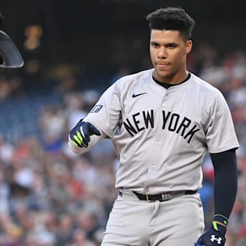 Aug 27, 2024; Washington, District of Columbia, USA; New York Yankees right fielder Juan Soto (22) tosses his helmet after striking out against the Washington Nationals during the third inning at Nationals Park. Mandatory Credit: Rafael Suanes-USA TODAY Sports