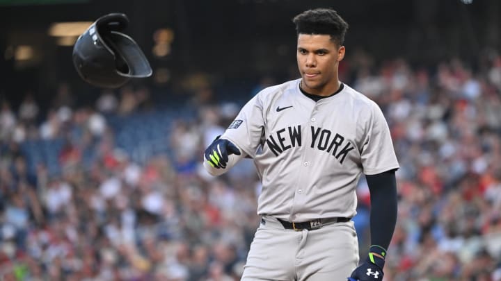 Aug 27, 2024; Washington, District of Columbia, USA; New York Yankees right fielder Juan Soto (22) tosses his helmet after striking out against the Washington Nationals during the third inning at Nationals Park. Mandatory Credit: Rafael Suanes-USA TODAY Sports