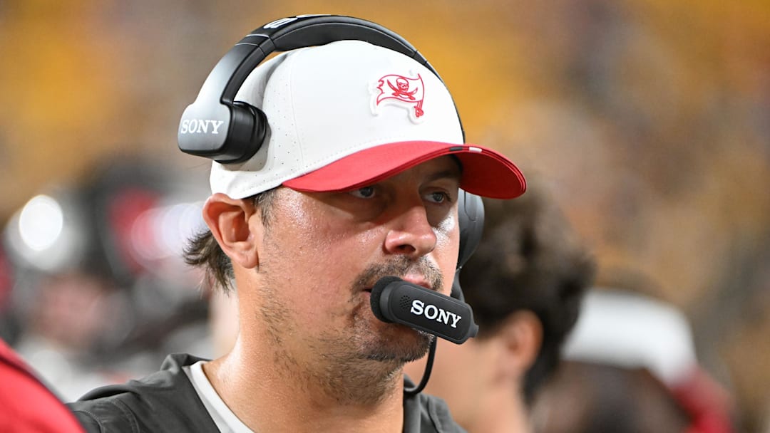 Aug 16, 2025; Pittsburgh, Pennsylvania, USA; Tampa Bay Buccaneers offensive coordinator Josh Grizzard watches the action against the Pittsburgh Steelers during the second half at Acrisure Stadium. Mandatory Credit: Barry Reeger-Imagn Images