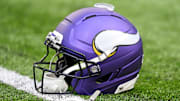 Oct 19, 2025; Minneapolis, Minnesota, USA; A general view of the Minnesota Vikings helmet before the game against the Philadelphia Eagles at U.S. Bank Stadium. Mandatory Credit: Jeffrey Becker-Imagn Images