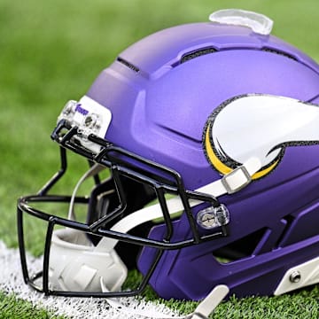 Oct 19, 2025; Minneapolis, Minnesota, USA; A general view of the Minnesota Vikings helmet before the game against the Philadelphia Eagles at U.S. Bank Stadium. Mandatory Credit: Jeffrey Becker-Imagn Images