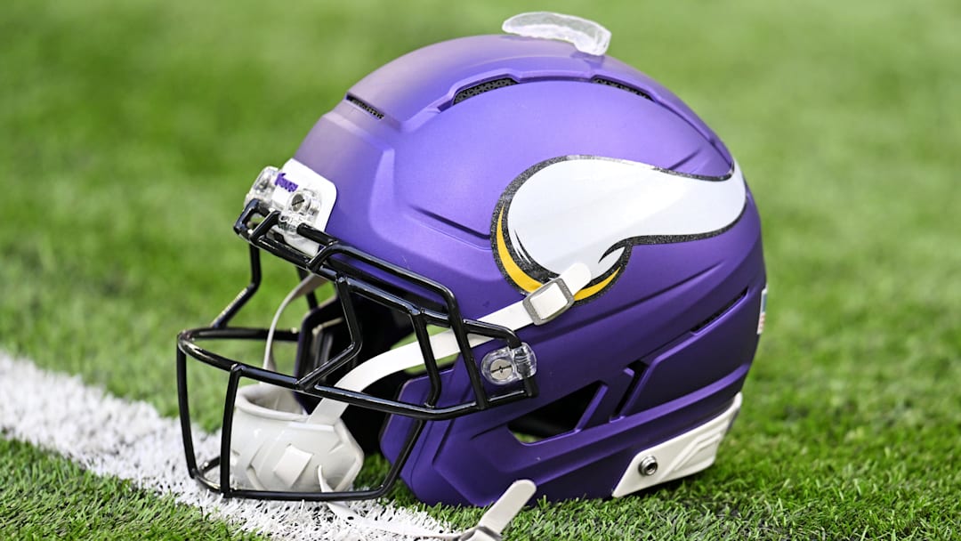 Oct 19, 2025; Minneapolis, Minnesota, USA; A general view of the Minnesota Vikings helmet before the game against the Philadelphia Eagles at U.S. Bank Stadium.  