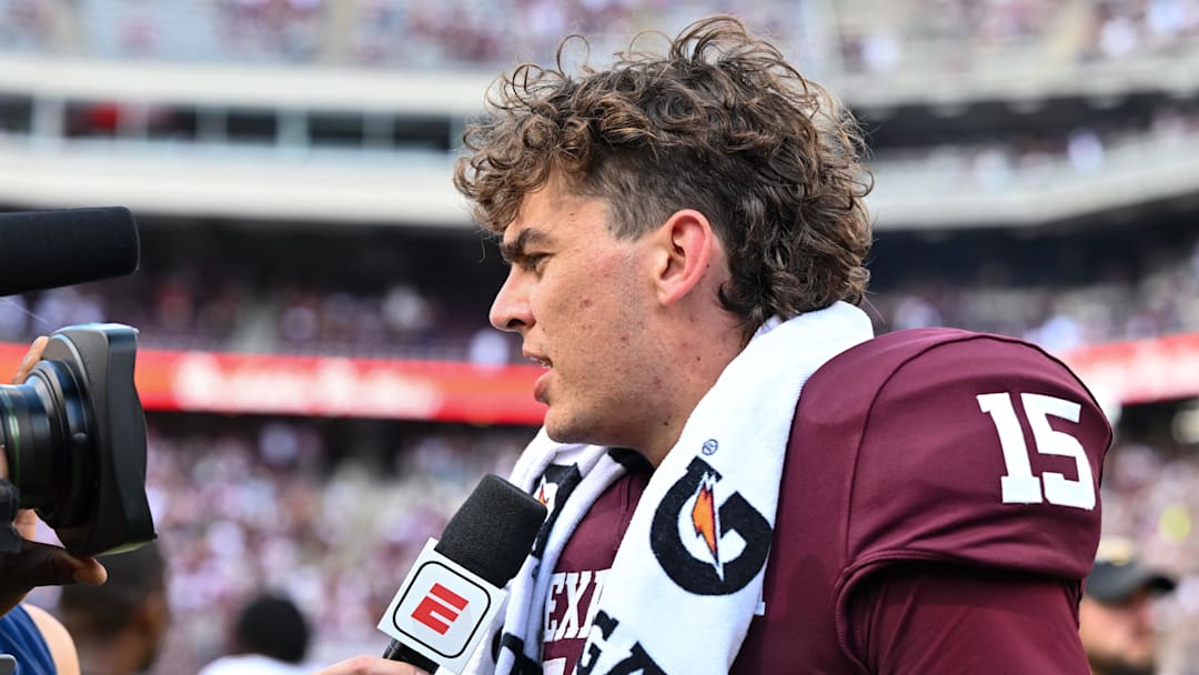 Oct 5, 2024; College Station, Texas, USA; Texas A&M Aggies quarterback Conner Weigman (15) speaks during a post game interview after the win over Missouri Tigers at Kyle Field. Mandatory Credit: Maria Lysaker-Imagn Images. 