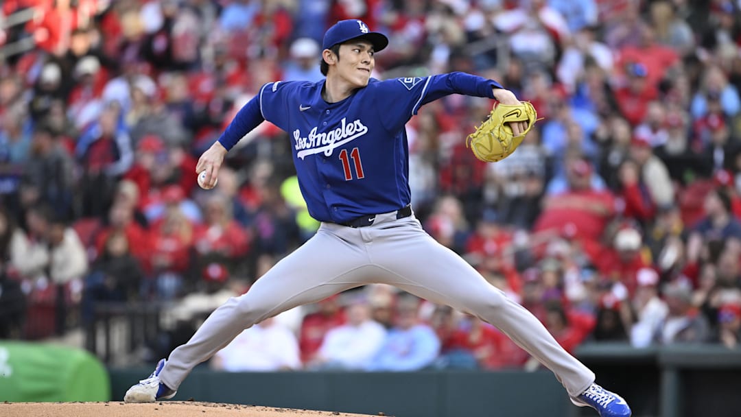 May 2, 2026; St. Louis, Missouri, USA; Los Angeles Dodgers starting pitcher Roki Sasaki (11) delivers a pitch against the St. Louis Cardinals in the first inning at Busch Stadium. Mandatory Credit: Joe Puetz-Imagn Images