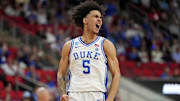 Mar 23, 2025; Raleigh, NC, USA; Duke Blue Devils guard Tyrese Proctor (5) reacts after a play against the Baylor Bears during the second half in the second round of the NCAA Tournament at Lenovo Center.  Mandatory Credit: Bob Donnan-Imagn Images