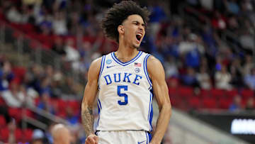 Mar 23, 2025; Raleigh, NC, USA; Duke Blue Devils guard Tyrese Proctor (5) reacts after a play against the Baylor Bears during the second half in the second round of the NCAA Tournament at Lenovo Center.  Mandatory Credit: Bob Donnan-Imagn Images