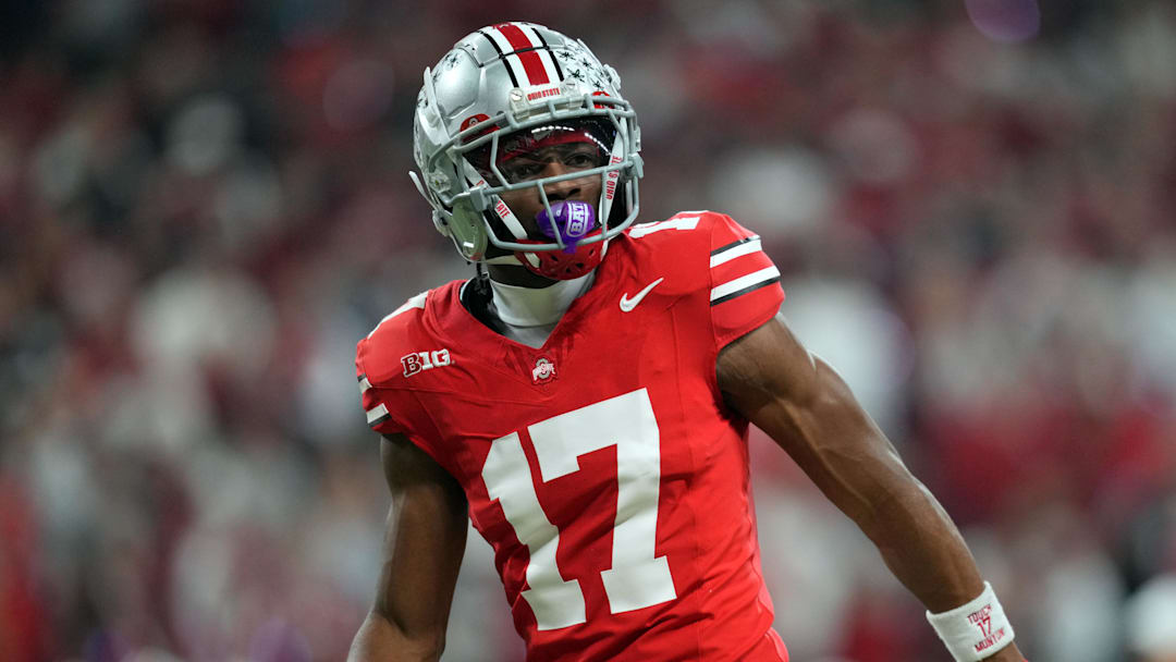 Dec 6, 2025; Indianapolis, IN, USA; Ohio State Buckeyes wide receiver Carnell Tate (17) looks on in the first half against the Indiana Hoosiers during the 2025 Big Ten championship game at Lucas Oil Stadium. Mandatory Credit: Aaron Doster-Imagn Images