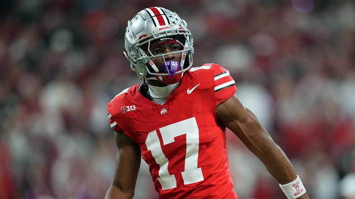 Dec 6, 2025; Indianapolis, IN, USA; Ohio State Buckeyes wide receiver Carnell Tate (17) looks on in the first half against the Indiana Hoosiers during the 2025 Big Ten championship game at Lucas Oil Stadium. Mandatory Credit: Aaron Doster-Imagn Images