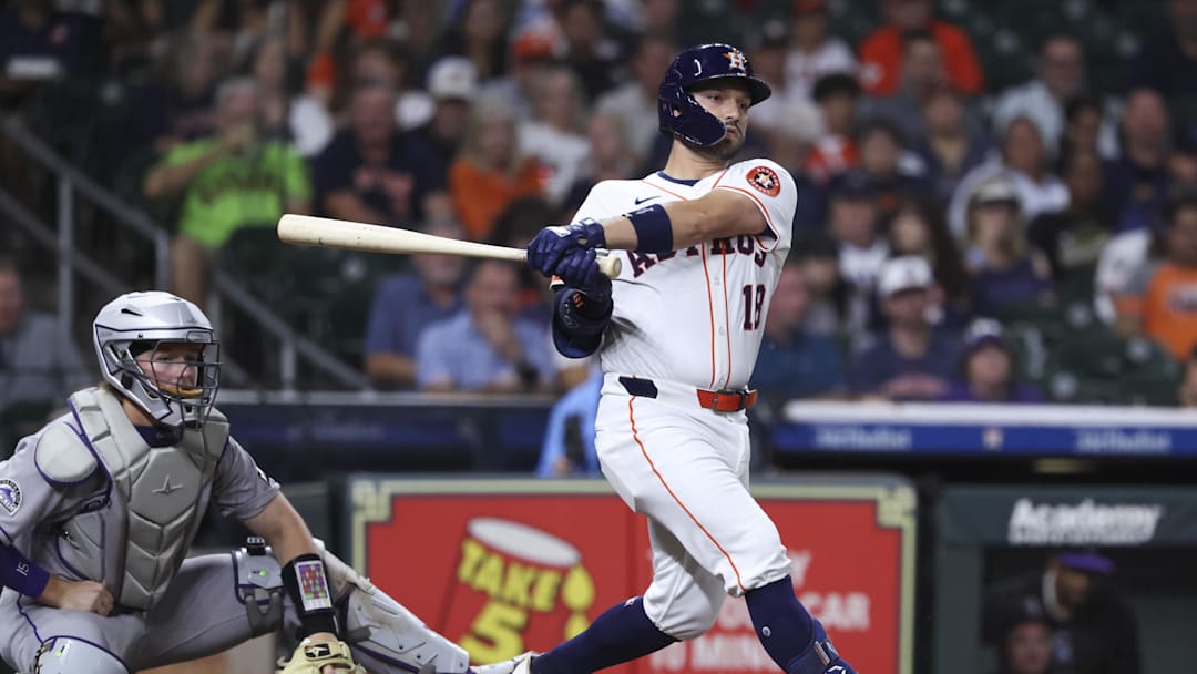 Aug 27, 2025; Houston, Texas, USA; Houston Astros catcher Cesar Salazar (18) bats during the second inning against the Colorado Rockies at Daikin Park. Aug 27, 2025; Houston, Texas, USA; Houston Astros catcher Cesar Salazar (18) bats during the second inning against the Colorado Rockies at Daikin Park.