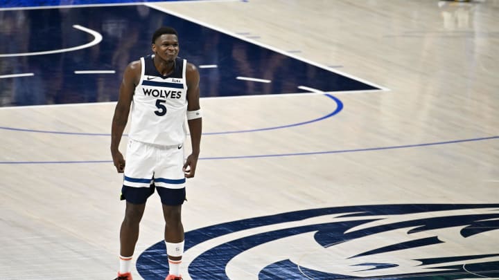 Minnesota Timberwolves guard Anthony Edwards (5) celebrates making a shot against the Dallas Mavericks during the second half in game four of the western conference finals for the 2024 NBA playoffs at American Airlines Center in Dallas on May 28, 2024. 