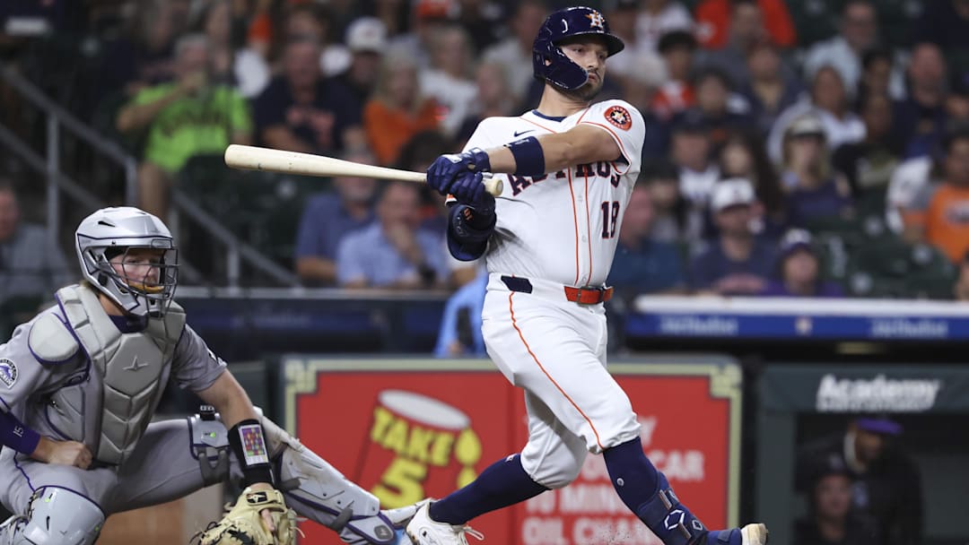 Aug 27, 2025; Houston, Texas, USA; Houston Astros catcher Cesar Salazar (18) bats during the second inning against the Colorado Rockies at Daikin Park. 