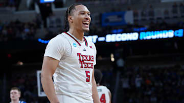Mar 22, 2025; Wichita, KS, USA; Texas Tech Red Raiders forward Darrion Williams (5) reacts after a play against the Drake Bulldogs during the first half at Intrust Bank Arena. Mandatory Credit: Kirby Lee-Imagn Images