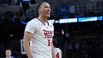 Mar 22, 2025; Wichita, KS, USA; Texas Tech Red Raiders forward Darrion Williams (5) reacts after a play against the Drake Bulldogs during the first half at Intrust Bank Arena. Mandatory Credit: Kirby Lee-Imagn Images