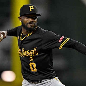 Pittsburgh Pirates starting pitcher Domingo German (0) pitches against the Texas Rangers during the game at Globe Life Field on Aug 21.