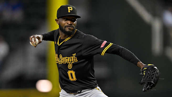 Pittsburgh Pirates starting pitcher Domingo German (0) pitches against the Texas Rangers during the game at Globe Life Field on Aug 21.