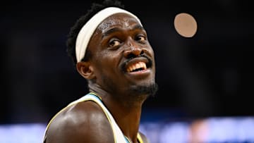 Dec 23, 2024; San Francisco, California, USA; Indiana Pacers forward Pascal Siakam (43) smiles against the Golden State Warriors in the third quarter at Chase Center. Mandatory Credit: Eakin Howard-Imagn Images