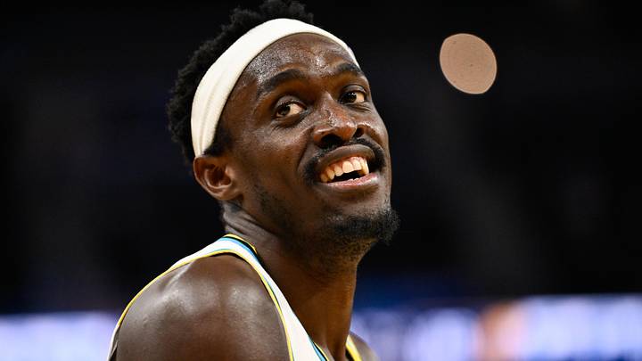 Dec 23, 2024; San Francisco, California, USA; Indiana Pacers forward Pascal Siakam (43) smiles against the Golden State Warriors in the third quarter at Chase Center. Mandatory Credit: Eakin Howard-Imagn Images