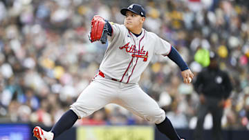 Mar 30, 2025; San Diego, California, USA; Atlanta Braves relief pitcher Jose Suarez (54) delivers during the fifth inning against the San Diego Padres at Petco Park.
