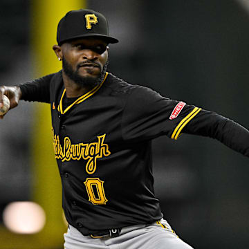 Aug 21, 2024; Arlington, Texas, USA; Pittsburgh Pirates starting pitcher Domingo German (0) pitches against the Texas Rangers during the game at Globe Life Field. Mandatory Credit: Jerome Miron-Imagn Images