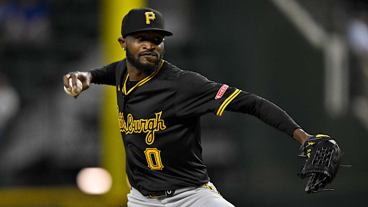 Aug 21, 2024; Arlington, Texas, USA; Pittsburgh Pirates starting pitcher Domingo German (0) pitches against the Texas Rangers during the game at Globe Life Field. Mandatory Credit: Jerome Miron-Imagn Images