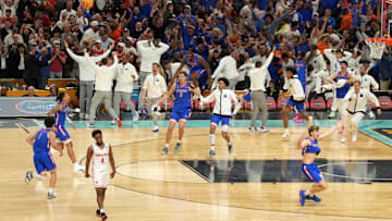 Apr 7, 2025; San Antonio, TX, USA; The Florida Gators react after defeating the Houston Cougars in the national championship game of the Final Four of the 2025 NCAA Tournament at the Alamodome.Mandatory Credit: Scott Wachter-Imagn Images