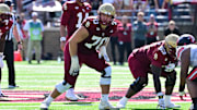 Sep 28, 2024; Chestnut Hill, Massachusetts, USA; Boston College Eagles offensive lineman Ozzy Trapilo (70) waits for the snap during the second half against the Western Kentucky Hilltoppers at Alumni Stadium. Mandatory Credit: Eric Canha-Imagn Images