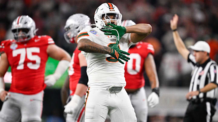 Dec 31, 2025; Arlington, TX, USA; Miami Hurricanes defensive lineman Akheem Mesidor (3) celebrates a sack in the second quarter against the Ohio State Buckeyes during the 2025 Cotton Bowl and quarterfinal game of the College Football Playoff at AT&T Stadium. Mandatory Credit: Jerome Miron-Imagn Images