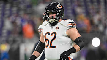 Nov 27, 2023; Minneapolis, Minnesota, USA; Chicago Bears guard Lucas Patrick (62) warms up before the game between the Minnesota Vikings and the Chicago Bears at U.S. Bank Stadium. Mandatory Credit: Jeffrey Becker-Imagn Images