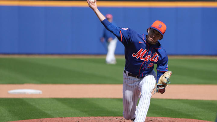 Feb 14, 2024; Port St. Lucie, FL, USA; New York Mets pitcher Dominic Hamel (93) throws batting practice during workouts at spring training. Mandatory Credit: Jim Rassol-Imagn Images
