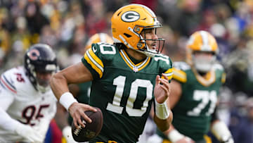 Jan 5, 2025; Green Bay, Wisconsin, USA;  Green Bay Packers quarterback Jordan Love (10) during the game against the Chicago Bears at Lambeau Field. Mandatory Credit: Jeff Hanisch-Imagn Images