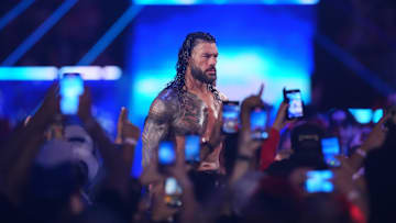 Roman Reigns during the Men’s Royal Rumble match during the WWE Royal Rumble at Lucas Oil Stadium. 