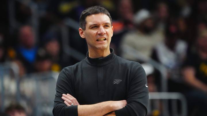 Dec 16, 2023; Denver, Colorado, USA; Oklahoma City Thunder head coach Mark Daigneault reacts during the second quarter against the Denver Nuggets at Ball Arena. Mandatory Credit: Ron Chenoy-USA TODAY Sports